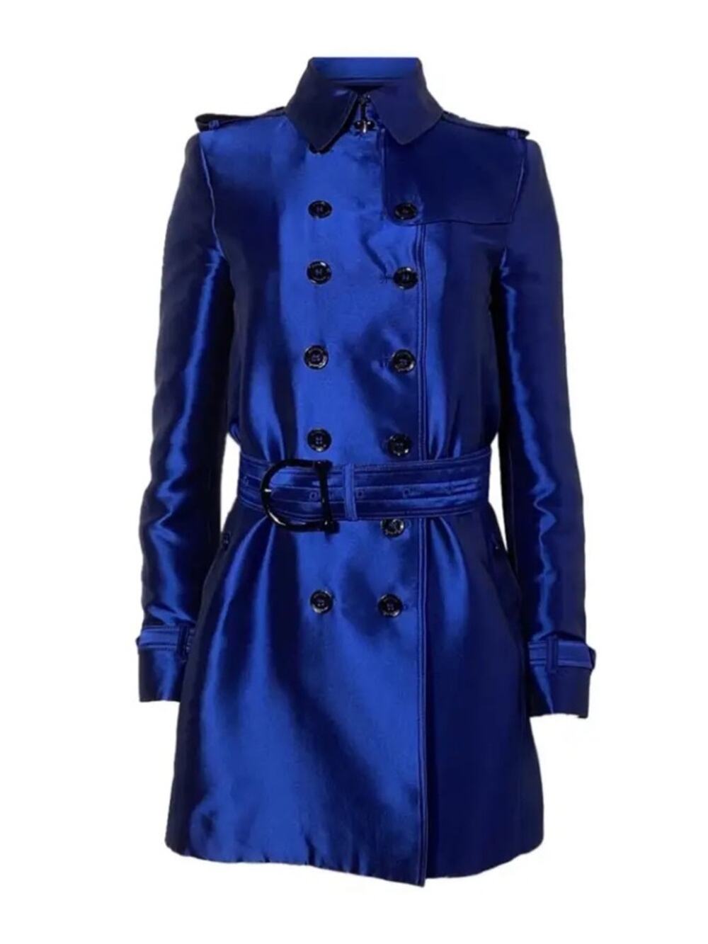 Burberry Double-Breasted Silk Satin Belted Trench Coat - Royal Blue US 14